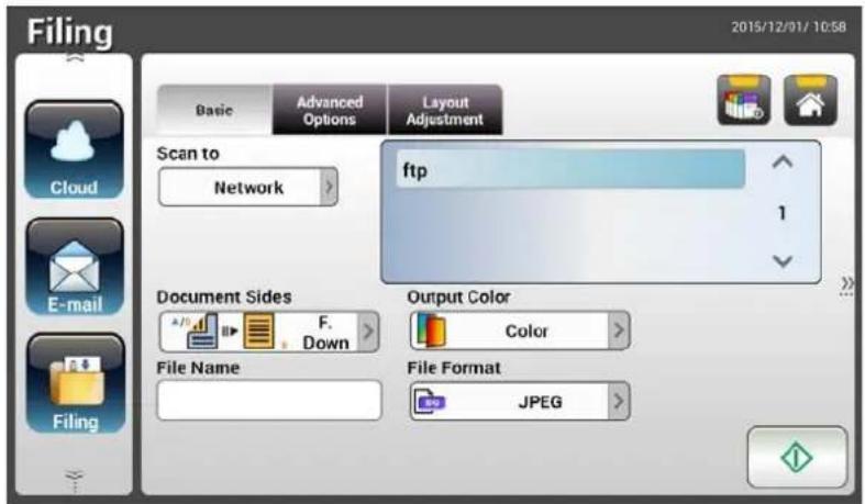 Filing 2015/12/01/ 10:58 Basic Advanced Layout Options Adjustment Scan to Network ftp 1 Document Sides F. Down Output Color Color File Name File Format JPEG