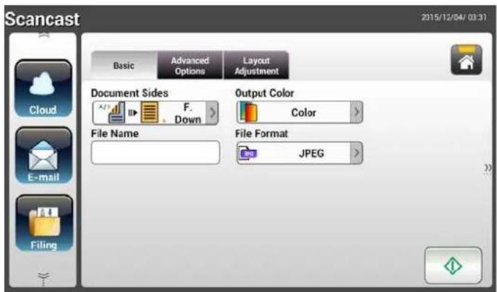Scancast 2015/12/04/ 03:31 Basic Advanced Options Layout Adjustment Document Sides F. Document Sides Output Color File Name Color File Format JPEG Cloud E-mail Filing