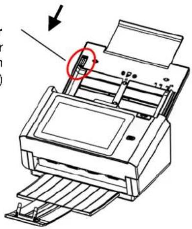 Technical diagram of a printer with labeled parts and an arrow indicating assembly or operation