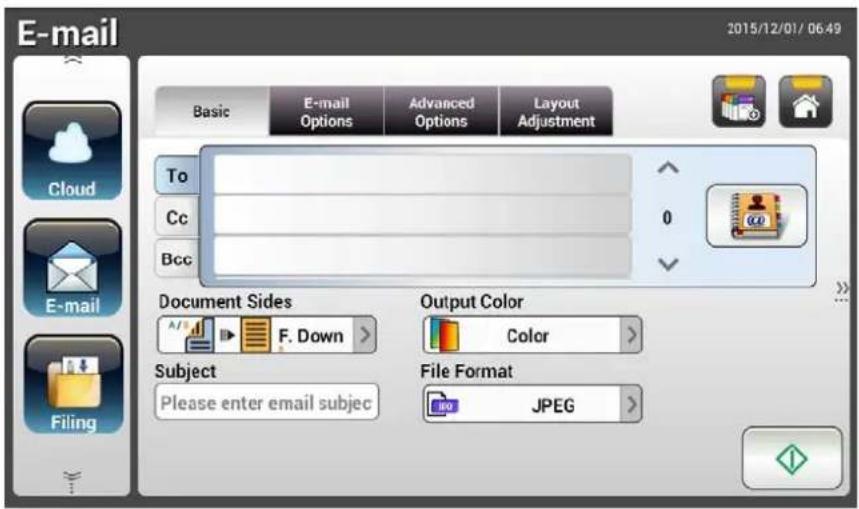 E-mail 2015/12/01/ 06:49 Basic E-mail Options Advanced Options Layout Adjustment To Cc Bcc Document Sides Output Color A F. Down > Color Subject File Format Please enter email subjec JPEG