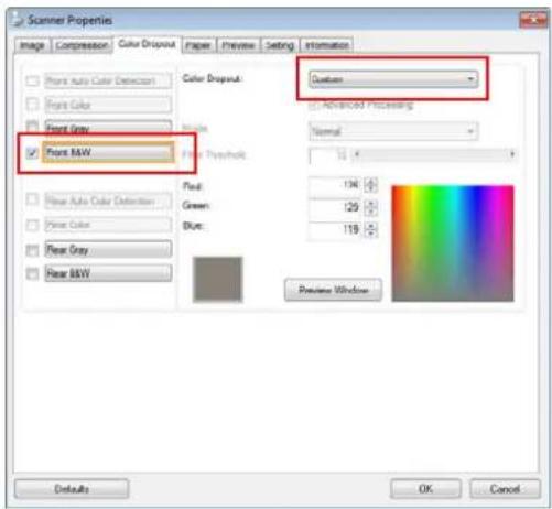 Scanner Properties Image Compression Color Dropout Paper Preview Setting Information Front Auto Color Detection Front Color Front Gray Front M&W Color Dropout: Custom Advanced Processing Normal Fruit Threshold: 136 Green: 125 Blue: 115 Preview Window Defaults OK Cancel