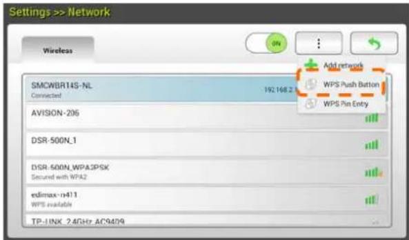 Settings >> Network Wireless SMCWB14S-NL Connected 192.168.2 AVISION-206 DSR-500N.1 DSR-500N.WPA3PSK Secured with WPA2 edimax-n411 WPS available TP-1INK 2.4GHz AC9409 Add retroods WPS Push Button WPS Pin Entry