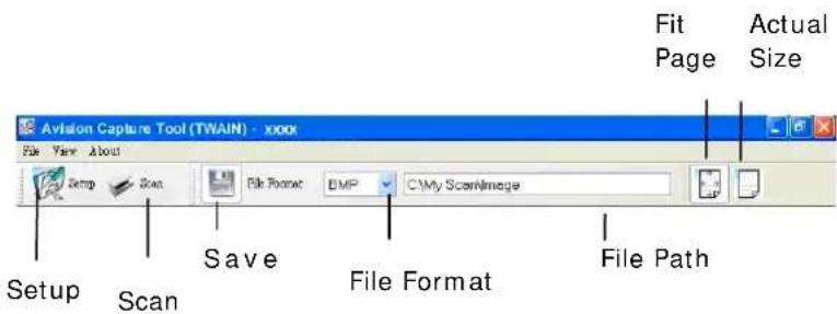 Avision Capture Tool (TWAIN) - xxxxx File View About Setup Scan Save File Format BMP C:\My ScanImage File Path Fit Page Actual Size Setup Scan File Format File Path