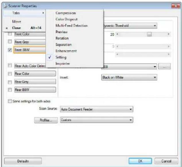 Scanner Properties Tabs Move Close Alt+F4 Compression Color Dropout Multi-Feed Detection Dynamic Threshold Preview 20 Rotation Separation 0 Enhancement Setting Imprinter 100 Front Color Front Gray Front B&W Rear Auto Color Deta Rear Color Rear Grey Rear B&W Invert: Black on White Some settings for both sides Scan Source: Auto Document Feeder Profile... Custom Defaults OK Cancel