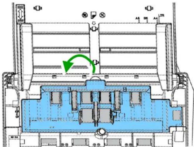 Technical diagram of a mechanical device with labeled components and directional arrows indicating movement or flow.