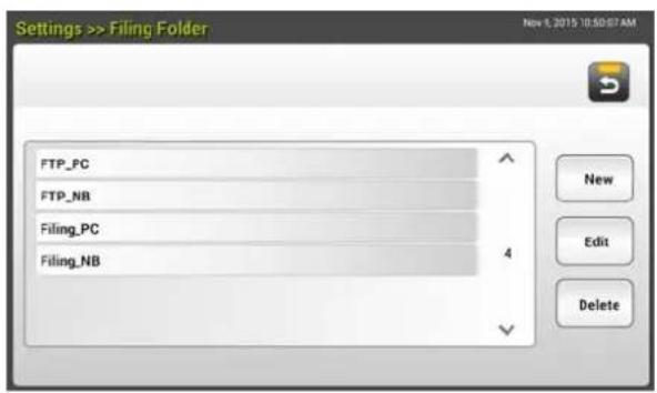 Settings >> Filing Folder FTP_PC FTP_NB Filing_PC Filing_NB New Edit Delete