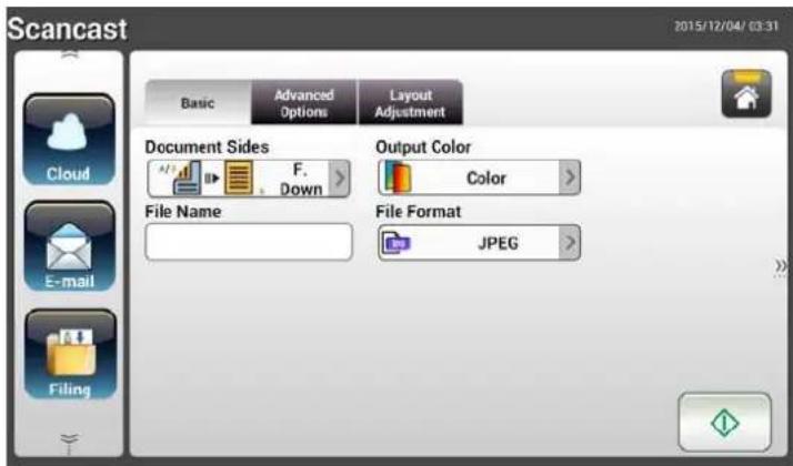 Scancast 2015/12/04/ 03:31 Basic Advanced Options Layout Adjustment Document Sides F. Down Output Color Color File Name File Format JPEG Cloud E-mail Filing