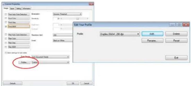 Source Properties Image Name Setting Information New Auto Color Detection New Color New Gray New XYZ New Auto Color Detection New Color New Gray New XYZ New settings for both sides New Image Auto Document Files Profile Edit Your Profile Profile: Duplex, 0.6M, 250 dpi Add... Delete Rename... Reset Exit