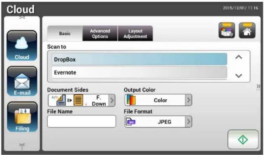 Cloud 2015/12/01/11:16 Basic Advanced Layout Options Adjustment Scan to DropBox Evernote Document Sides F. A/ Down Output Color Color File Name File Format JPEG