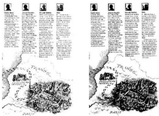 Historical illustration with multiple panels showing figures, landscapes, and text descriptions in English and Chinese.