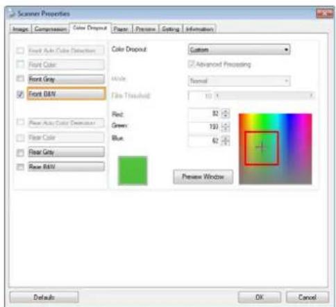 Scaner Properties Images Compressor Color Dropout Flake Pressure Gating Information Front Axle Color Detection Front Color Front Gray Front BAV Flake Axle Color Detection Flake Color Flake Gray Flake BAV Color Dropout Custom Advanced Processing Normal File Threshold 10 X Red: 82 Green: 193 Blue: 62 Preview Window Defaults OK Cancel
