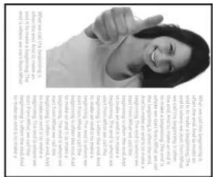 Scanned text of a personal profile or message with a black-and-white photo of a smiling woman.