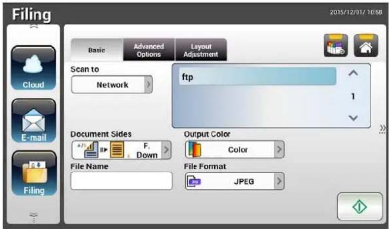 Filing 2015/12/01/ 10:58 Basic Advanced Layout Options Adjustment Scan to ftp Network Document Sides F. Down Output Color Color File Name File Format JPEG
