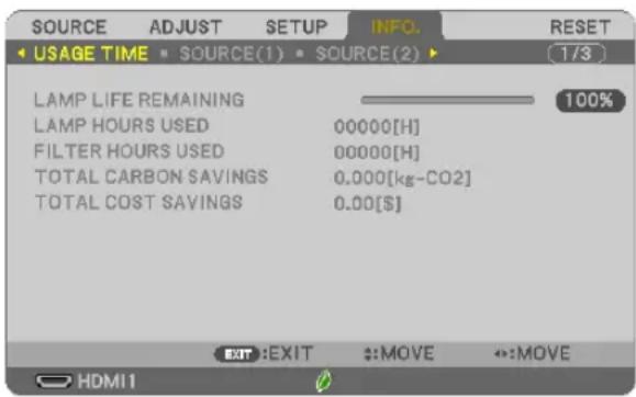 SOURCE ADJUST SETUP INFO. RESET 1/3 USAGE TIME SOURCE(1) SOURCE(2) LAMP LIFE REMAINING LAMP HOURS USED 00000[H] FILTER HOURS USED 00000[H] TOTAL CARBON SAVINGS 0.000[kg-CO2] TOTAL COST SAVINGS 0.00[$] EXIT :EXIT ::MOVE ←:MOVE HDMI1