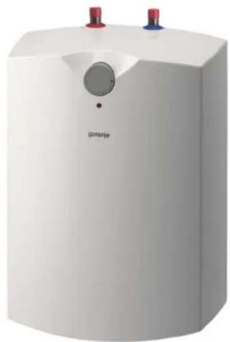 White cylindrical water heater with red and blue connectors, labeled 'gorenje' (no other text or symbols visible)