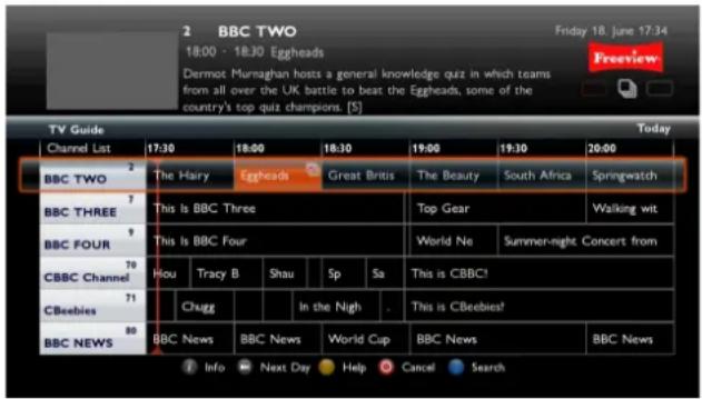 2 BBC TWO 18:00 - 18:30 Eggheads Dermot Murnaghan hosts a general knowledge quiz in which teams from all over the UK battle to beat the Eggheads, some of the country's top quiz champions. [S] Friday 18 June 17:34 Freeview TV Guide Channel List BBC TWO BBC THREE BBC FOUR CBBC Channel CBeebies BBC NEW…