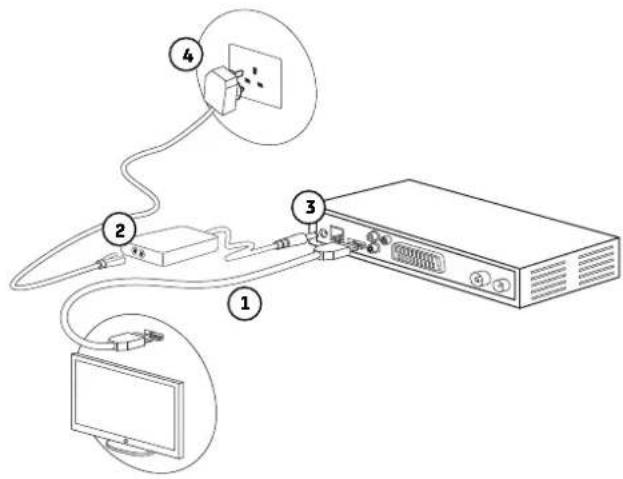 Diagram showing cable connections between a device, a switch, and a monitor with labeled components.