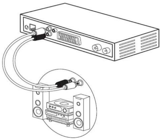 Line drawing of a server rack connected to an audio amplifier via cable (no text or symbols)
