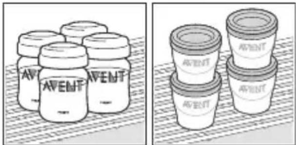 Two side-by-side illustrations: one showing a jar with 'AVENT' label, the other showing multiple cups labeled 'AVENT' (no text or symbols on cups)
