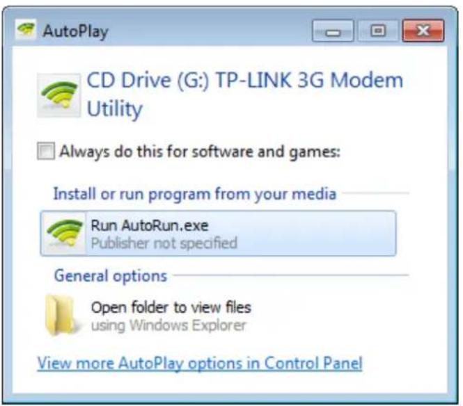 AutoPlay CD Drive (G:) TP-LINK 3G Modem Utility Always do this for software and games: Install or run program from your media Run AutoRun.exe Publisher not specified General options Open folder to view files using Windows Explorer View more AutoPlay options in Control Panel