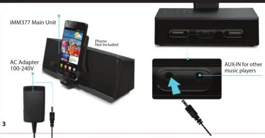 iMM377 Main Unit Phone Not Included AC Adapter 100-240V 3 AUX-IN for other music players