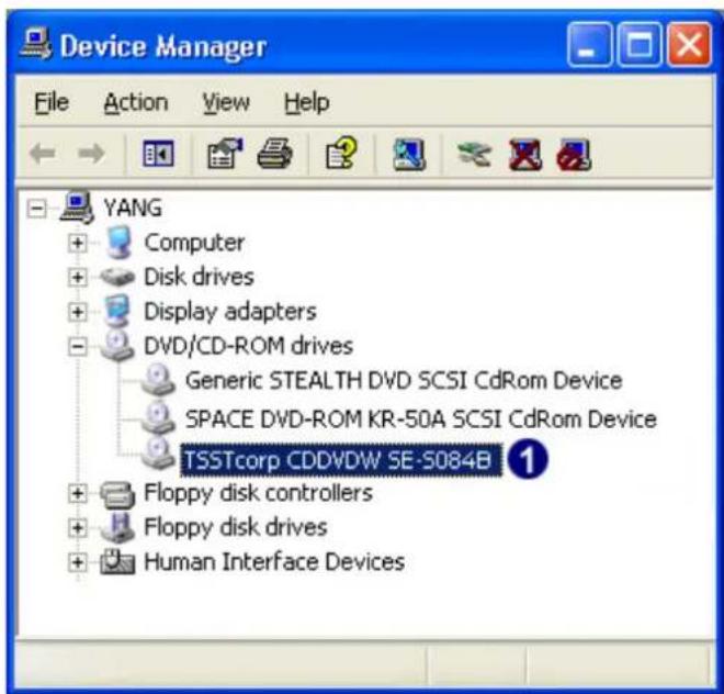 Device Manager File Action View Help YANG + Computer + Disk drives + Display adapters - DVD/CD-ROM drives Generic STEALTH DVD SCSI CdRom Device SPACE DVD-ROM KR-50A SCSI CdRom Device TSSTcorp CDDVDW SE-5084B ① + Floppy disk controllers + Floppy disk drives + Human Interface Devices