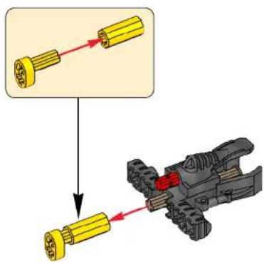Diagram showing mechanical assembly steps with yellow components and red directional arrows indicating motion or movement