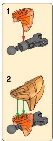 Diagram illustrating two mechanical assembly steps with labeled components and directional arrows