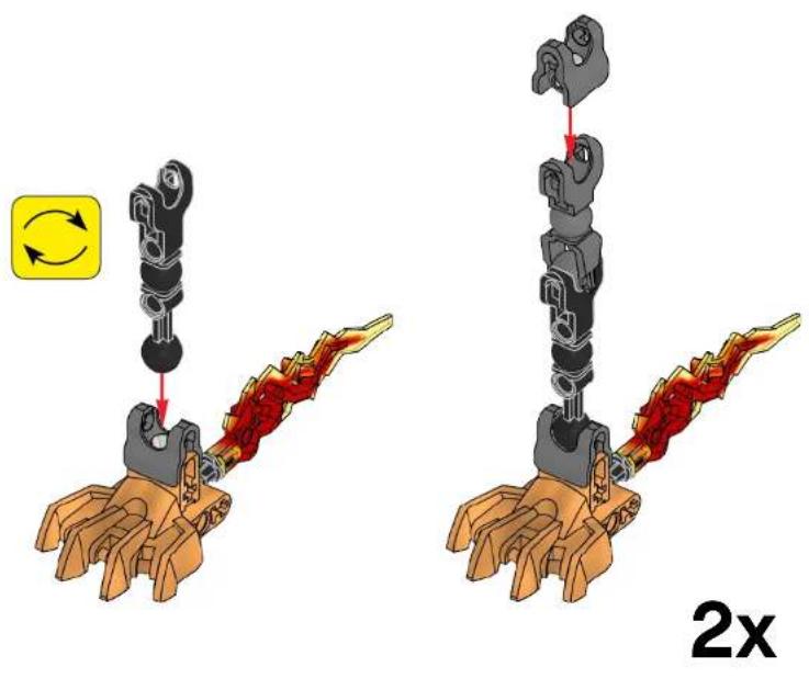 Mechanical assembly diagram showing two stages of a robotic arm with red and orange components, no text or symbols present.