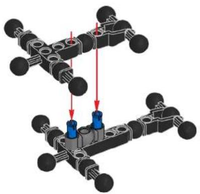 Mechanical assembly diagram showing two connected components with blue and red arrows indicating motion or force directions (no text or symbols)