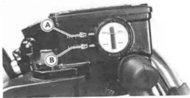 Technical diagram of a mechanical device with labeled parts A and B, showing internal components and a dial indicator.