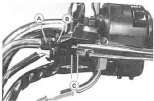 Technical diagram of a mechanical assembly with labeled parts A, B, and C