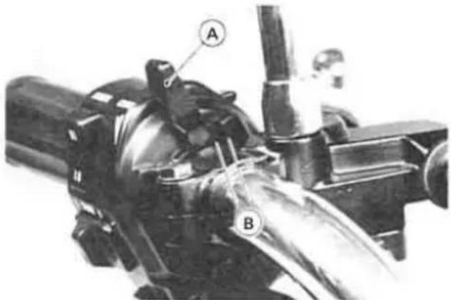 Mechanical pump assembly with labeled components A and B, showing fluid flow path (no text or symbols beyond labels)
