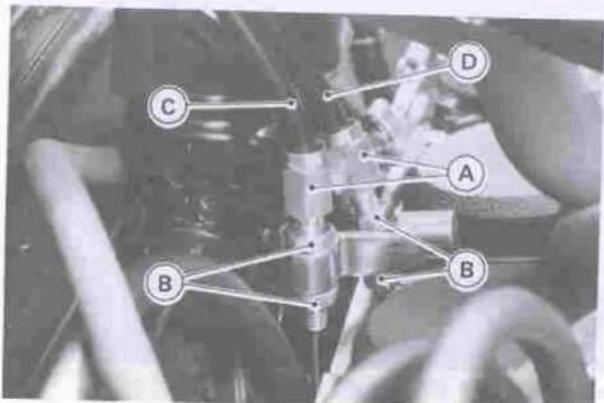 Labeled mechanical assembly diagram showing components A, B, C, and D with connection points