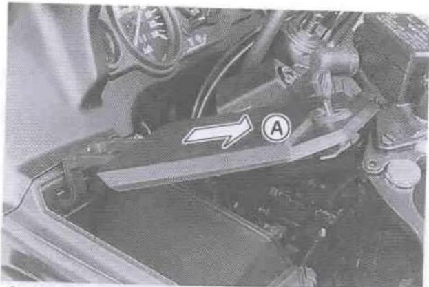 Car interior photo with visible mechanical components and a labeled component 'A' with an arrow pointing to it.