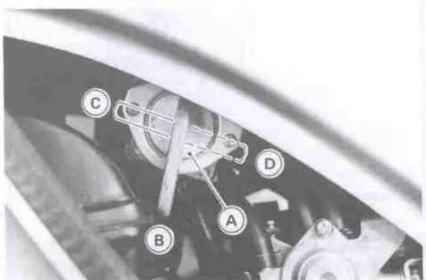 Technical diagram of a mechanical assembly with labeled components A, B, C, and D