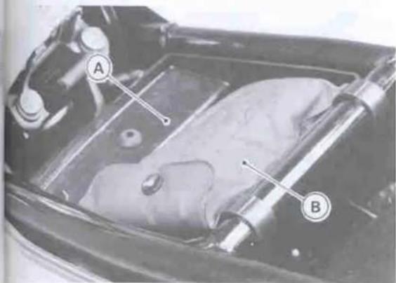 Technical diagram of a mechanical component with labeled parts A and B, showing internal structure and mounting points.