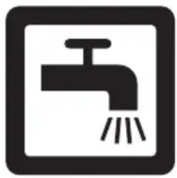Simple black-and-white icon of a faucet with raindrops, no text or symbols present.