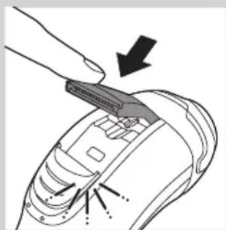 Diagram of a hand using a tool to adjust or install electronic components, with arrows indicating action (no text or symbols present)