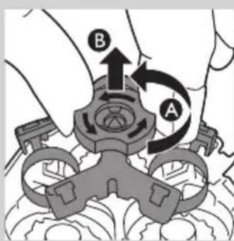 Diagram showing mechanical assembly with labeled parts A and B, indicating a rotating mechanism or motion path.