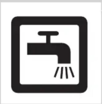 Black and white icon of a faucet with raindrops falling (no text or symbols)