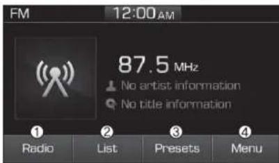 FM 12:00AM 87.5 MHz No artist information No title information ① Radio List Presets Menu