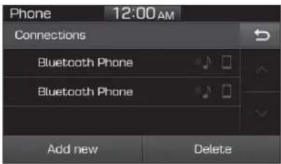 Phone 12:00 AM Connections Bluetooth Phone Bluetooth Phone Add new Delete