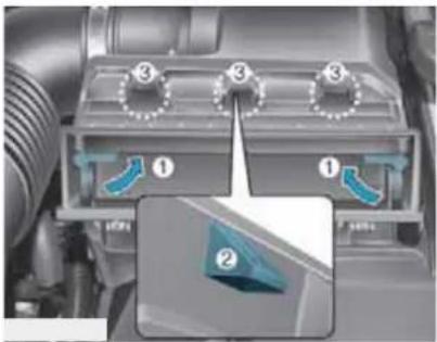 Diagram of a vehicle air intake system with labeled components and a magnified view showing component ②.