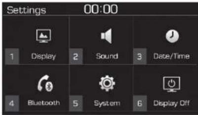 Settings 00:00 1 Display 2 Sound 3 Date/Time 4 Bluetooth 5 System 6 Display Off