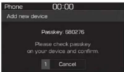 Phone 00:00 Add new device Passkey: 680276 Please check passkey on your device and confirm. 1 Cancel