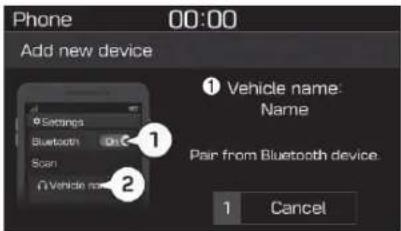 Phone 00:00 Add new device 1 Vehicle name: Name 2 Pair from Bluetooth device. 1 Cancel