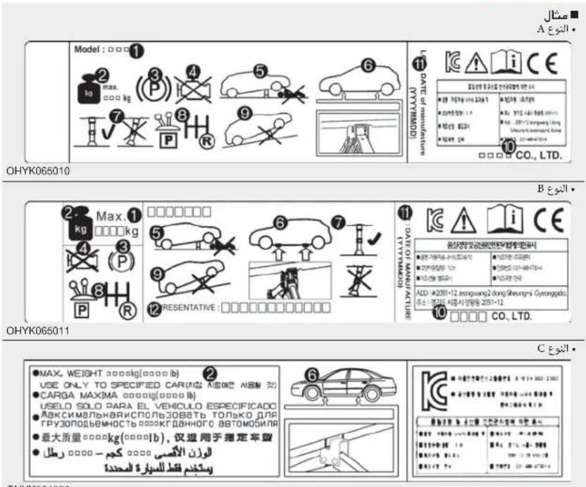 Model : 1 2 max. kg 3 (P) 4 5 6 7 8 9 CO., LTD. 11 DATE of manufacture (YYYYMMD) 12 PRESENTATIVE : 11 MAX. 1 kg 4 3 P 8 R 5 6 7 12 DATE OF MANUFACTURE (YYYYMMD) 13 MAX. WEIGHT 0000kg(0000 lb) USE ONLY TO SPECIFIED CAR(### #### #### #### #### CARGA MAXIMA 0000kg(0000 lb) USELO SOLO PARA EL VEHICULO ESPECIFICADO Mаксимальнаяиспользовить только для грузоподъемность ###k#данного Scoremilla 最大质量 0000kg(0000 lb), 仅适用于指定车型 الوزن الأقصى 0000-كجم- وستثمف قط للسيازه المحدة CO., LTD. OHYK065010 B###. OHYK065011 C###.
