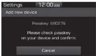 Settings 12:00 AM Add new device Passkey: 680276 Please check passkey on your device and confirm. Cancel