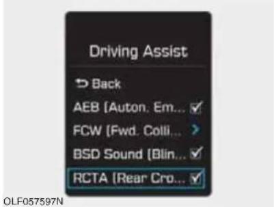 Driving Assist Back AEB [Auton. Em... FCW [Fwd. Colli... BSD Sound [Blin... RCTA [Rear Cro...